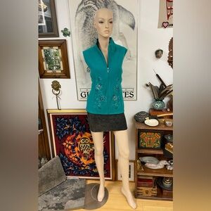 Turquoise Fleece Zip-up Vest with Embroidered Detail